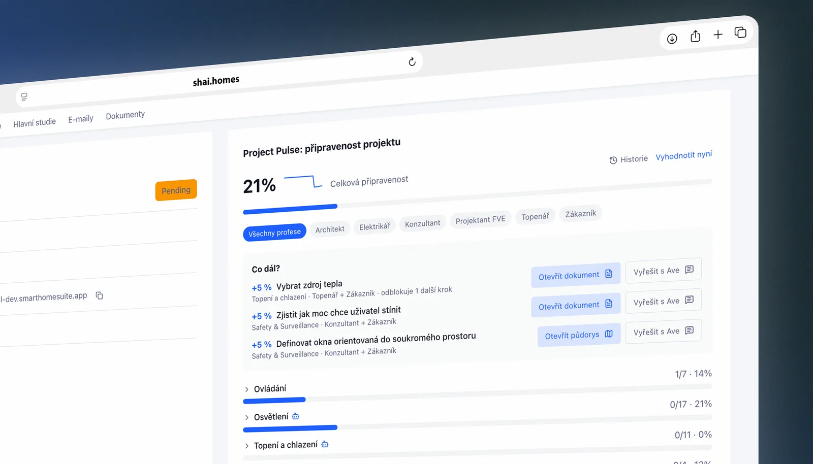 Screenshot: Project Pulse — stav projektu, úkoly a doporučené kroky
